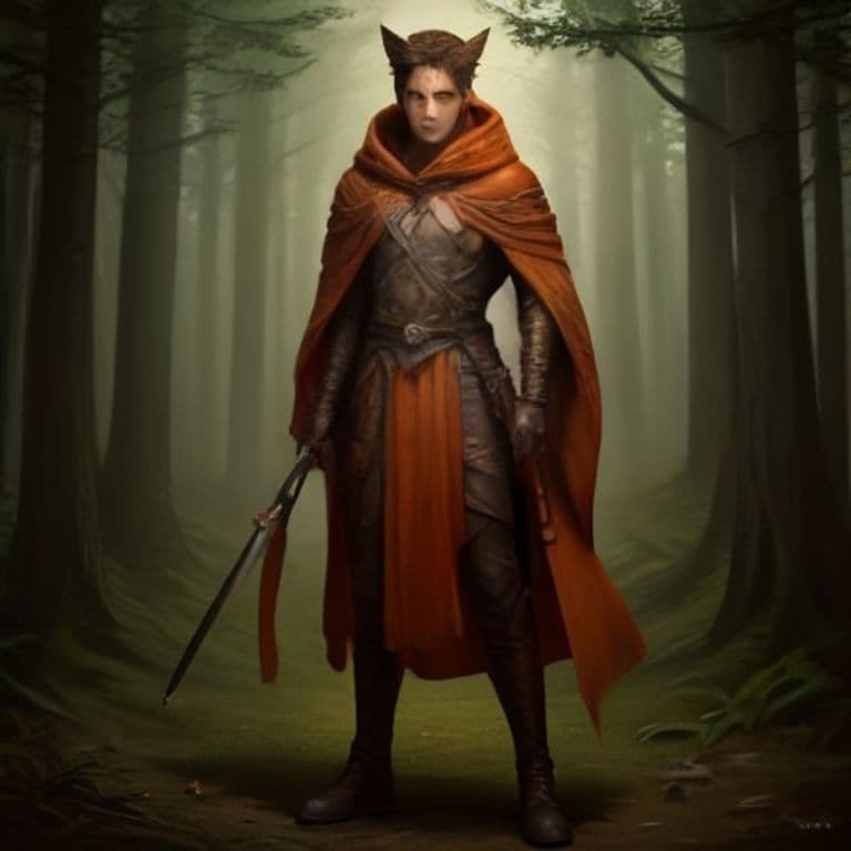 Fantasy character concept art of a fox ranger in an ember-orange cloak