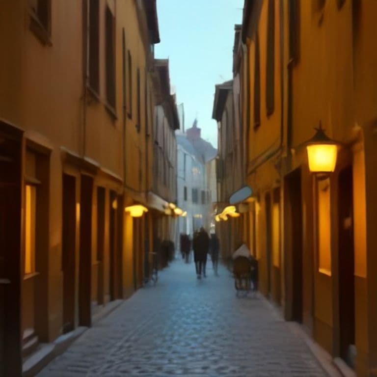 Golden hour alley in a European old town with warm lantern light
