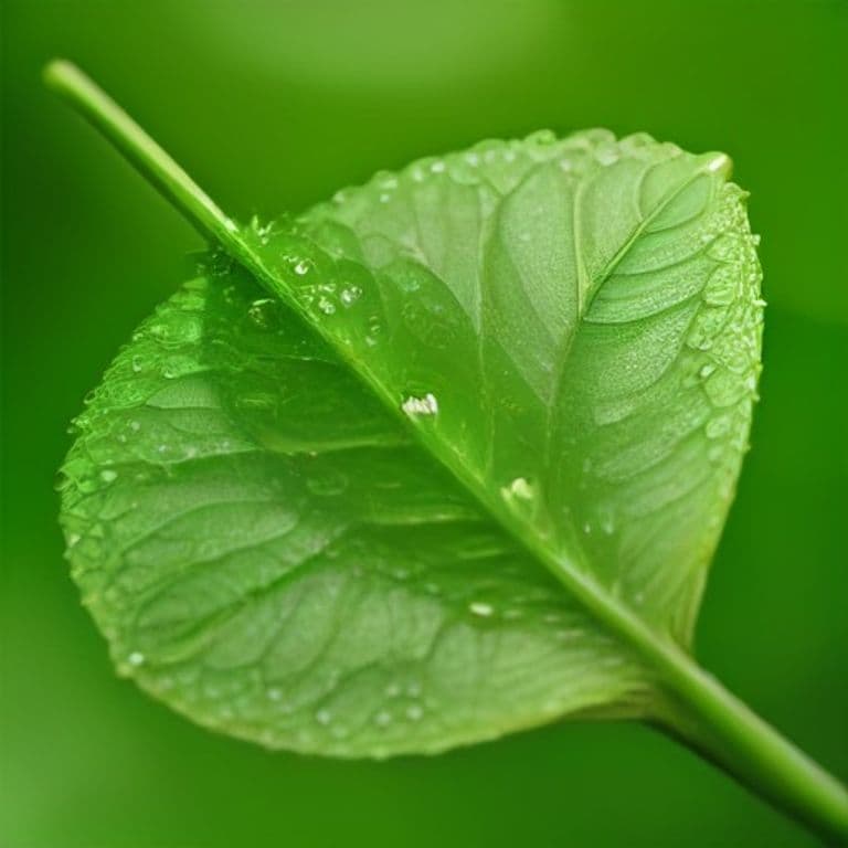 AI-generated macro photograph of dew drops on a green leaf